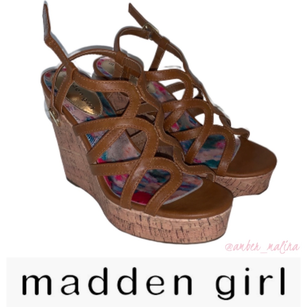 Madden Girl Cognac Tan Leather Cork Wedge-OBO